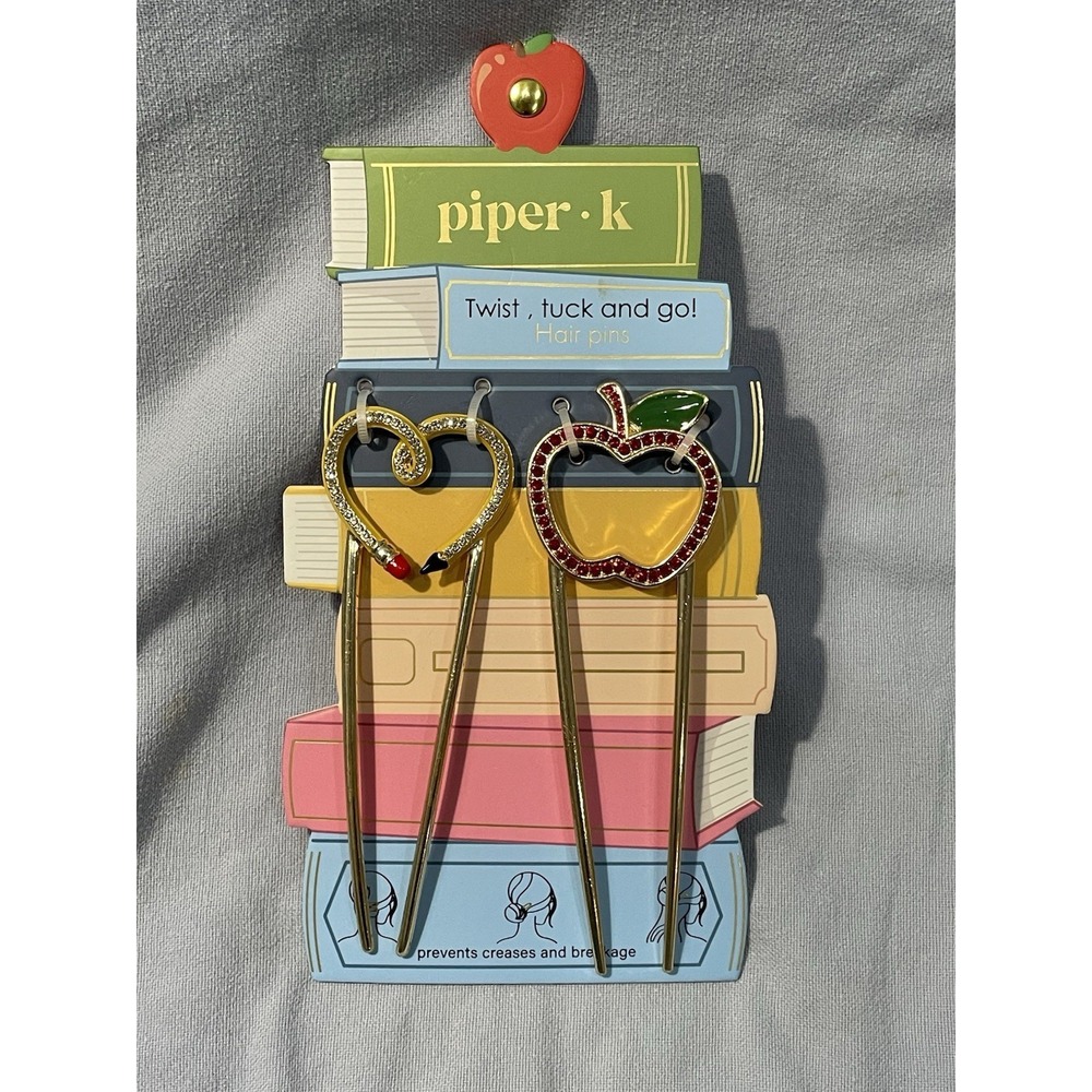 NEW Set of 2 Teacher Themed Tuck Twist & Go Hair Pins - Piper K - Apple & Pencil